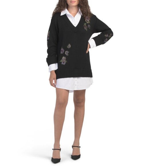 CINQ A SEPT Black/White Heatset Floral Embroidered Santina Mini Sweater Dress